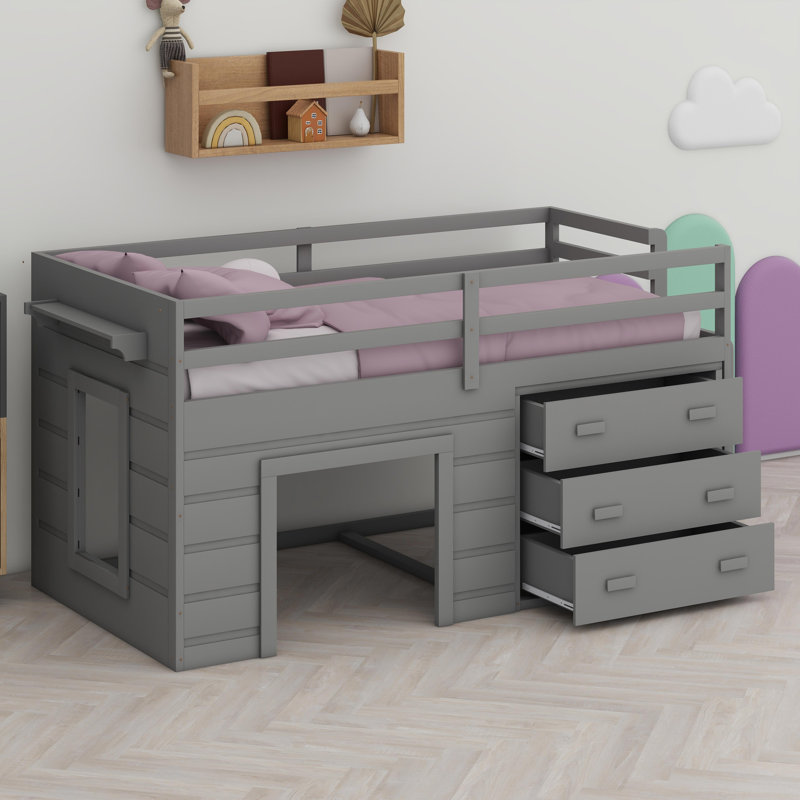 Lit mezzanine avec armoire et tablette, Gris