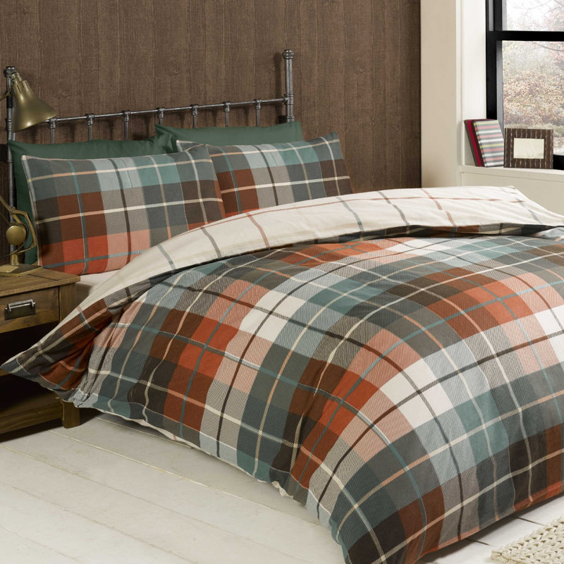 Check Argyle Duvet Cover with Pillowcases, Terracotta, Double Duvet Cover + 2 Standard Pillowcases