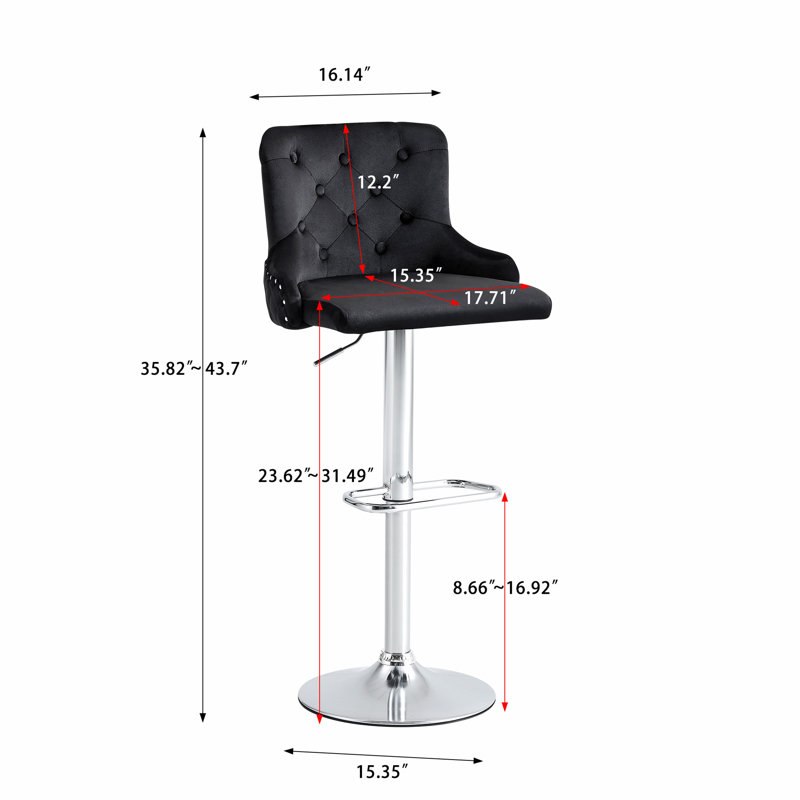 Tabouret de bar, fauteuil à gaz revêtu de velours et siège à garniture cloutée, Noir