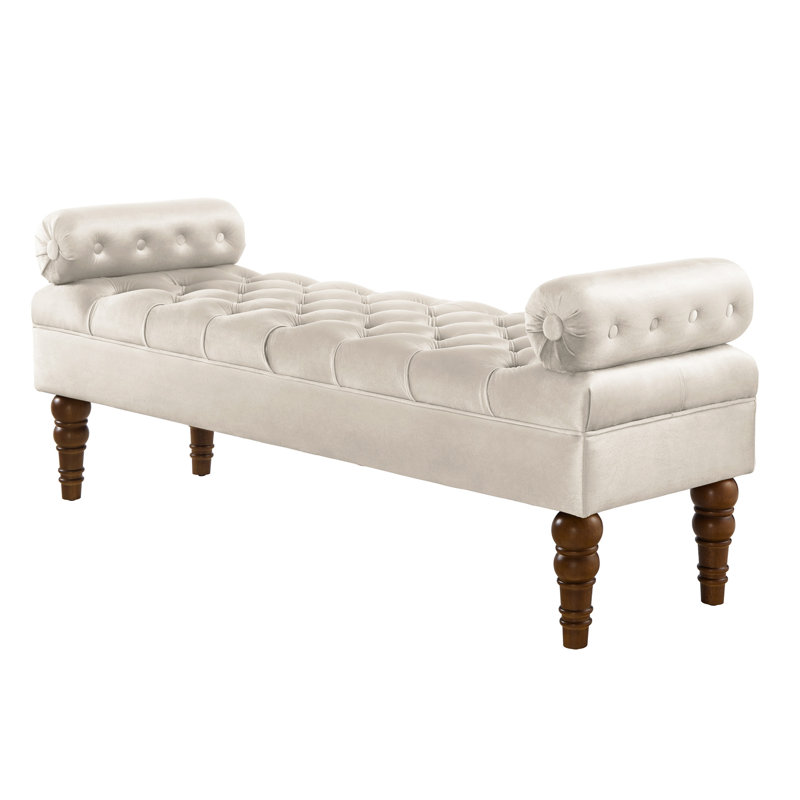 Upholstered Bench For Bedroom - Design Velvet Wood Violet Long Button Upholstery, Champagne