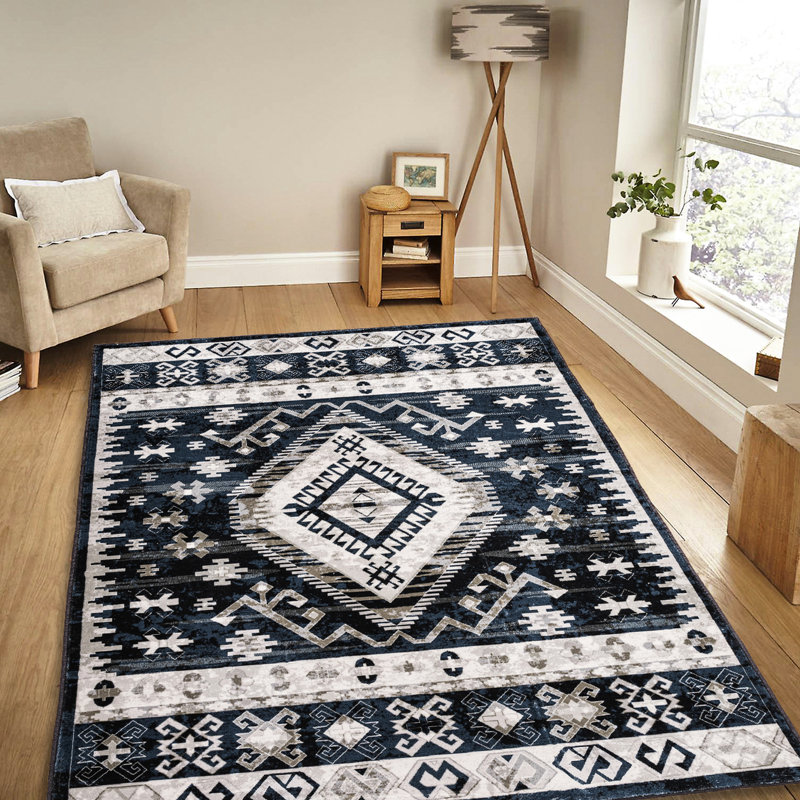 Tapis lavable 6X9 pour salon, chambre à coucher, cuisine - géométrique rétro bleu / noir antidérapant