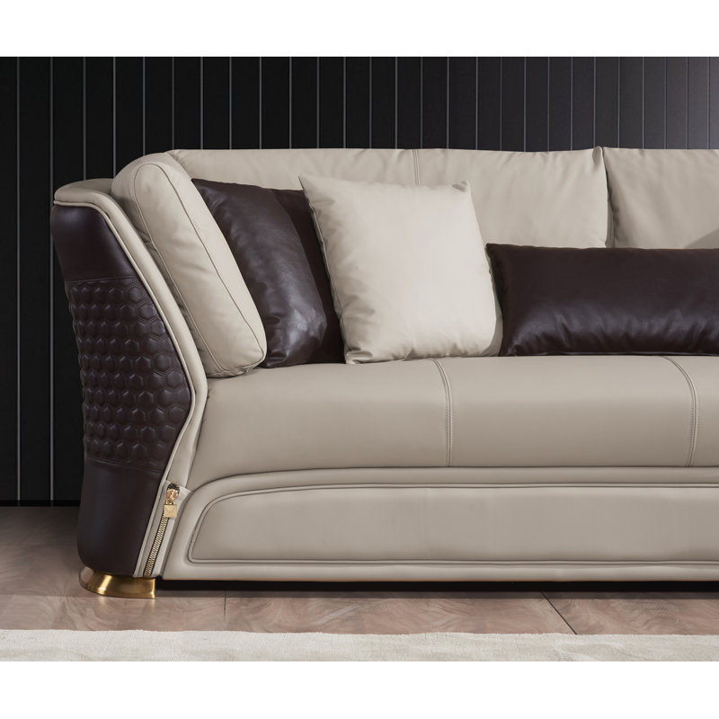Leather Loveseat, Sand Beige/Chocolate Genuine Leather