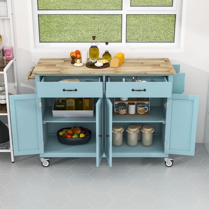 Kitchen Island Cart with Adjustable Shelves and 2 Locking Wheels, Mint Green