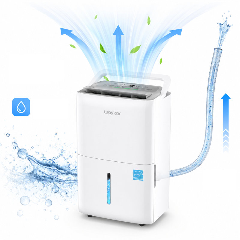 Waykar 150-Pint Energy Star Dehumidifier with Built-In Pump for 7,000 Sq. Ft, 3 Modes, 30%–80% RH Control, Quiet Operation & Continuous Drain
