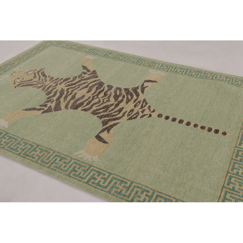 Rug & Kilim’S Distressed Tiger Rug In Green With Beige And Brown Pictorial