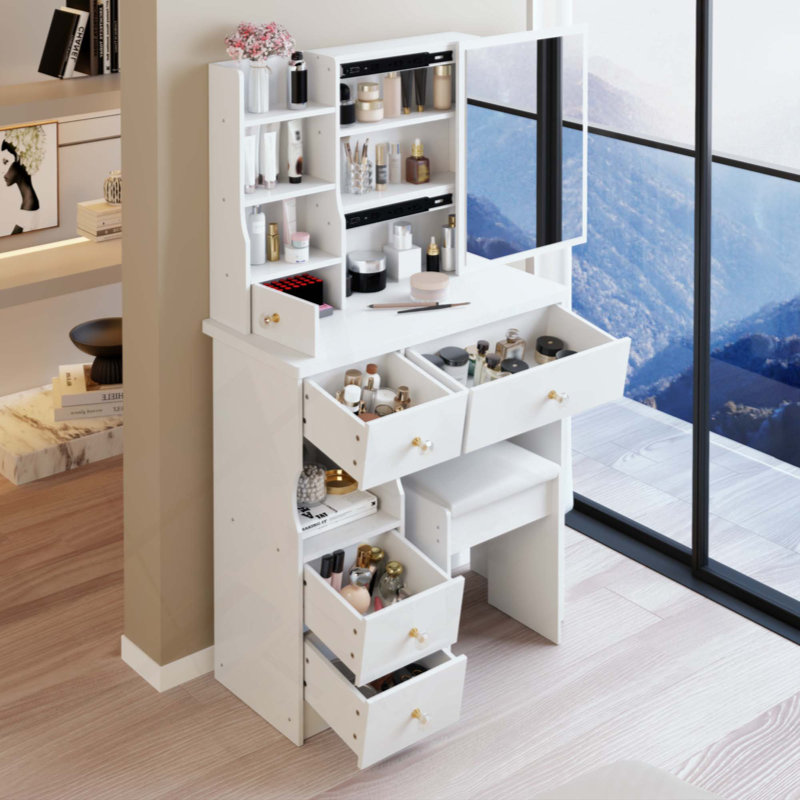 Petite coiffeuse avec tiroir de gauche et tabouret rembourré, très grand miroir coulissant à droite, rangement multicouche à grande capacité, commode pratique et pratique, convient aux petits espaces