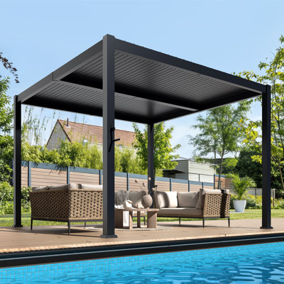 10' X 10' Outdoor Aluminum Louvered Pergola, Adjustable Roof With Upgraded Side Short-Rod Control, Easy Assembly Modern Hardtop Gazebo For Patio, Deck, Backyard & Garden