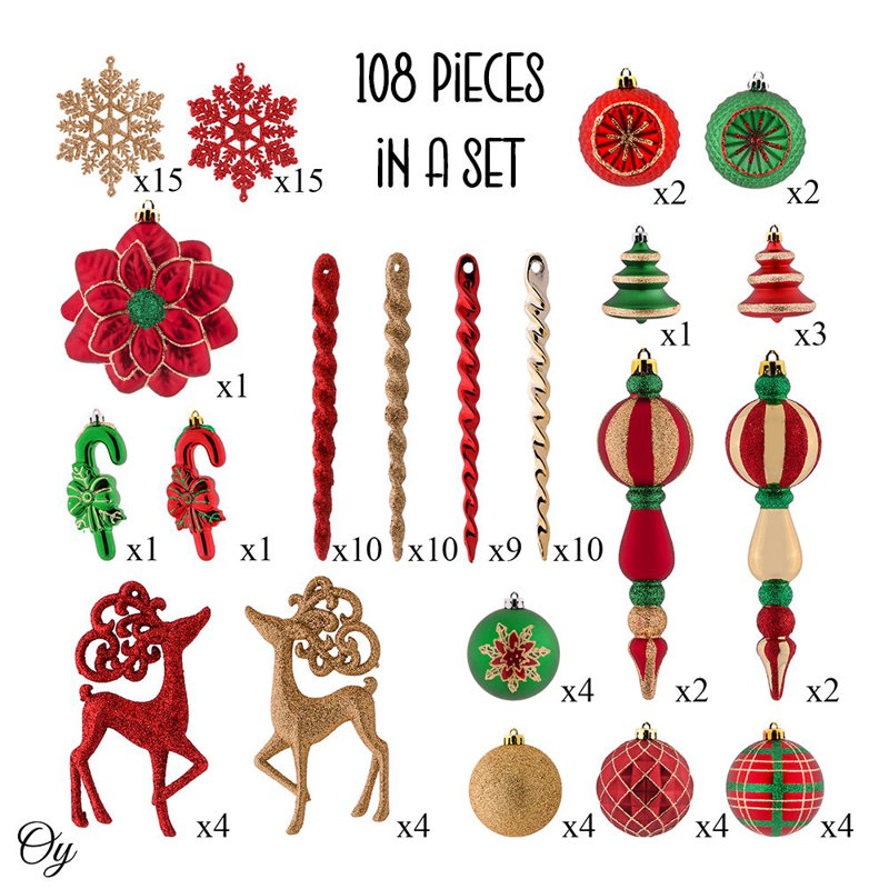 108-Piece Multicolor Shatterproof Plastic Christmas Ornament Set