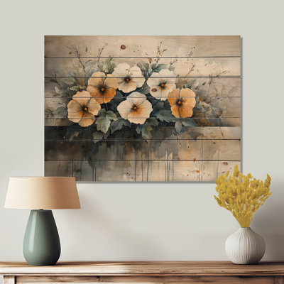 Orange White Blooming Poppies I - Pansies Wood Print - On Natural Pine Wood