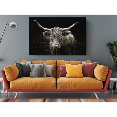 " Long Haired Cow Black Background Print Rustic Landscape Nature, Animal Colors Art Canvas Print Wall Decor Home Decoration "