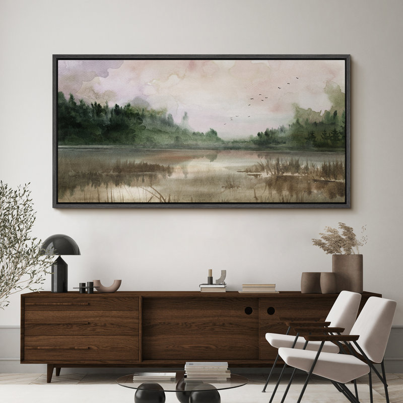 Paysage rustique, campagne tranquille, lac tranquille, H 30 po x l 60 po, Noir, noir, noir, noir
