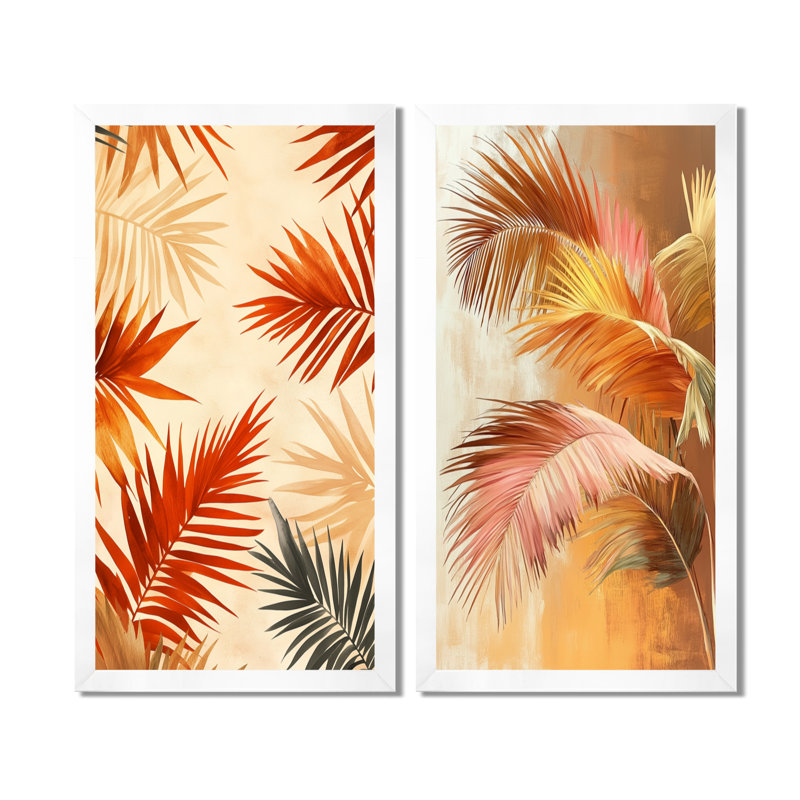 «Terracotta Palm Vibes - Tropical Botanical Leaves», art mural sur toile 2 pièces, H 32 po x l 32 po, Cadre simple blanc
