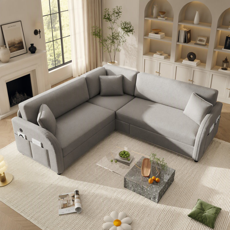 Canapé-lit d'angle convertible en forme de L avec ports de chargement USB et poches de rangement latérales pour espaces de vie