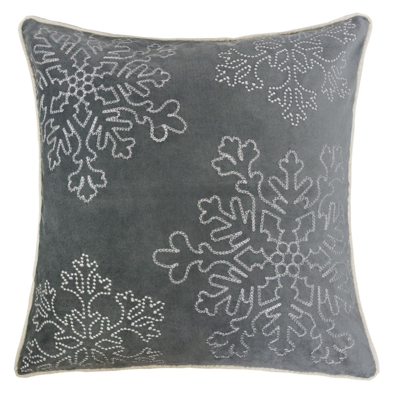 Gray Velvet Holiday Throw Pillow 20X20 With Silver Snowflake Embroidery And Insert, Gray