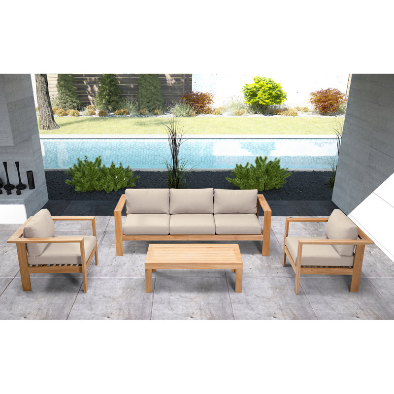 Ando 4 Piece Teak Sofa Seating Group with Sunbrella Cushions, 4 Pcs: Table, Sofa, 2 Chairs, Canvas Natural Sunbrella® Canvas