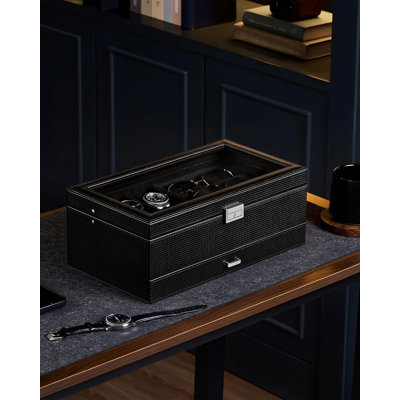 All Black Lockable 2-Layer Mens Jewelry Box, 6 Slot Watch Case & 3 Slot Sunglasses Organizer