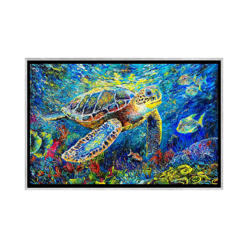 «Ocean Symphony Turtle's Coral Haven», reproduction d'art mural encadrée, H 18 po x l 26 po, Argent argent