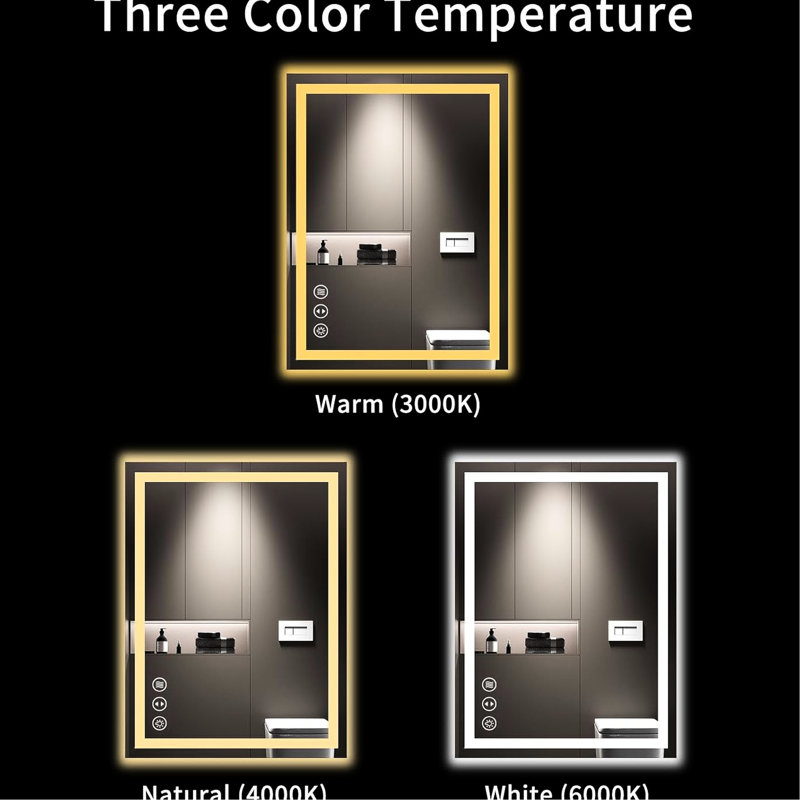 32 po x 24 po, DEL à brouillard, avant / rétroéclairé, miroir de meuble-lavabo, contrôle tactile, lumen élevé, 95, intensité variable, températures de couleur réglables, miroir facile à installer cuivre-argent Ip54 imperméable, lumen