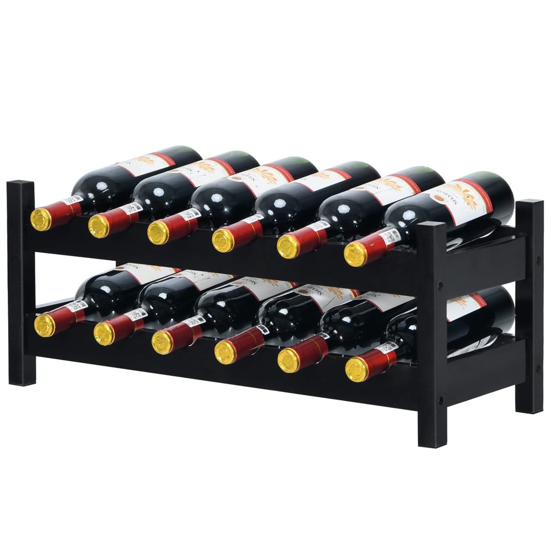 2 Tier Countertop Wine Rack, Bamboo Freestanding Wine Holder Organizer With Arc Design, Space-Saving Wine Display And Storage Shelf For Kitchen Pantry