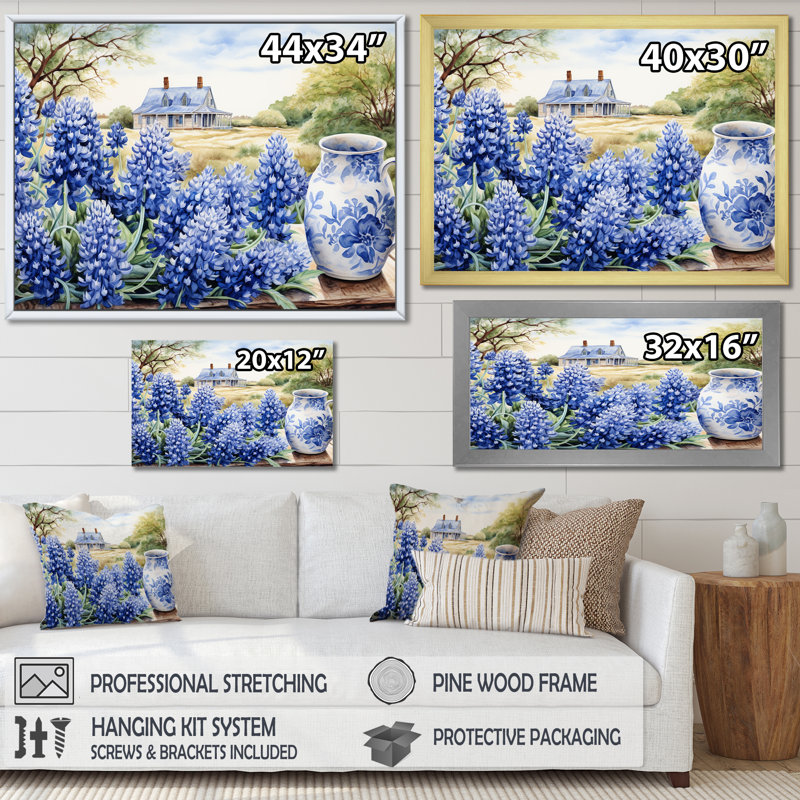 Blue Bonnets Farmhouse Still Life, reproduction d'art sur toile, Argent, H 30 po x l 40 po x P 1,5 po