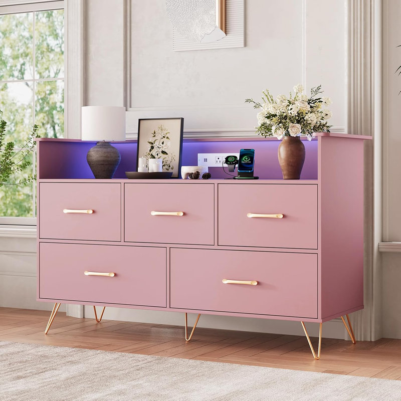 47" Dresser with LED Lights & Charging Station, 5-Drawer Wood Storage Cabinet for Bedroom, Pink
