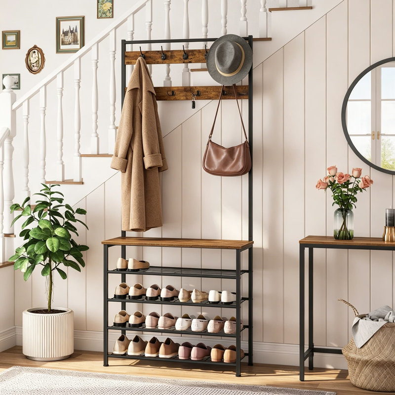 Hall Tree with Bench and 5 Tier Shoe Storage, Coat Rack with 9 Hooks for Entryway, Closet, Sturdy Industrial Design, Rustic Brown and Black