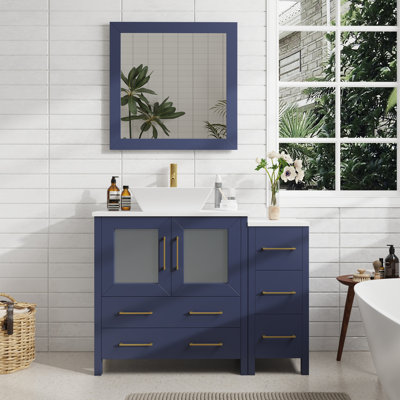  Ensemble de meuble-lavabo autoportant avec cadre en marbre et miroir assorti encadré de 42 po