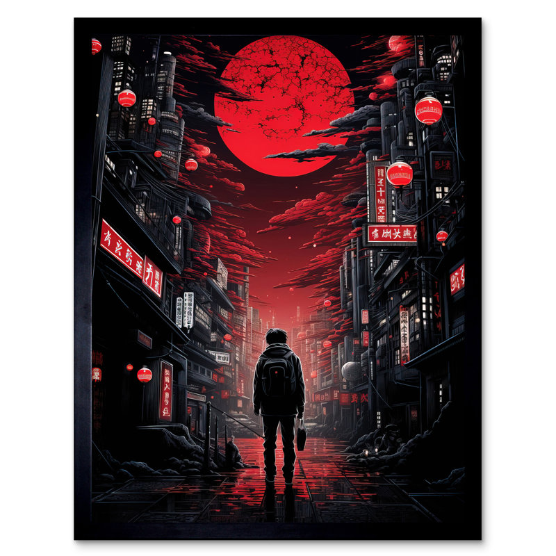 Midnight Blood Moon In Tokyo Conceptual Artwork Japanese - Single Picture Frame Print