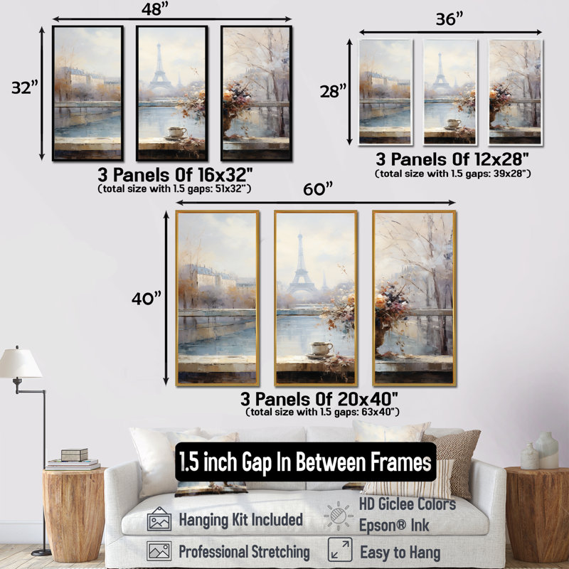 Hiver Paris, Tour Eiffel, ville charmante IV - Art mural de Paris, Cadre flottant blanc, H 32 po x l 48 po
