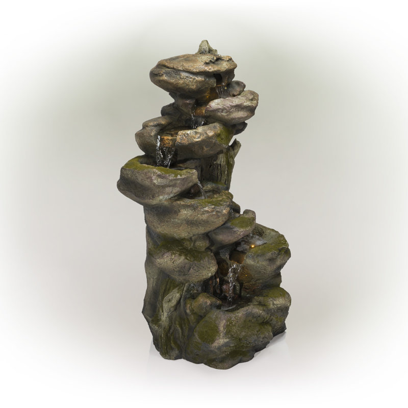 Rustic Gray and Brown Multi-Tier Stone Fountain with LED Lights