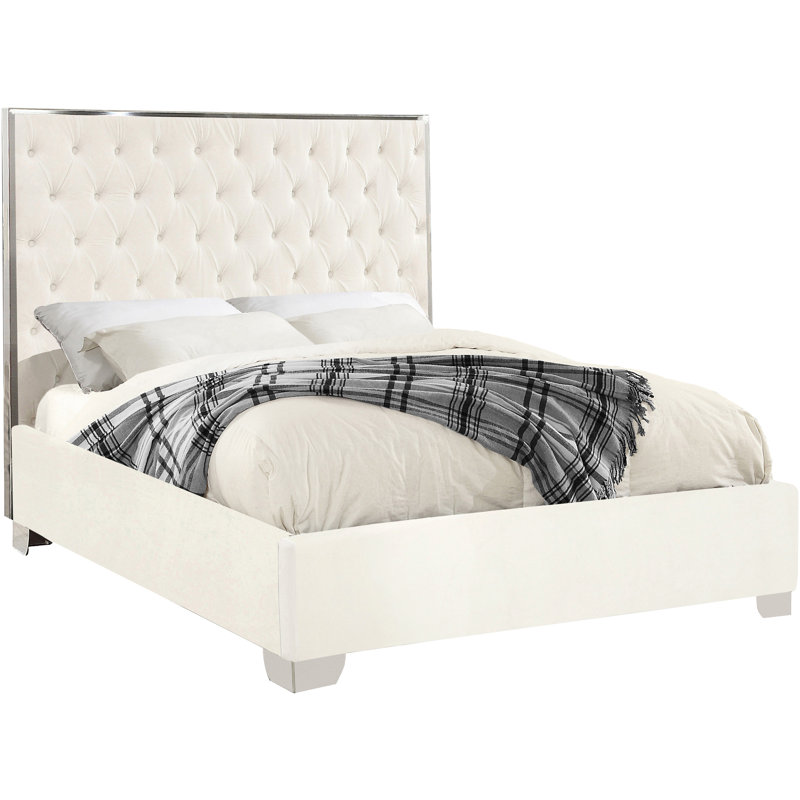 Lit plateforme tapissier capitonné Spadaro, Très grand, Velours blanc, Argent