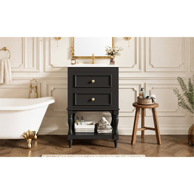 Meuble-lavabo de 20 po avec lavabo en céramique, armoire de rangement avec tablette ouverte, armoire de salle de bain rétro avec 2 tiroirs