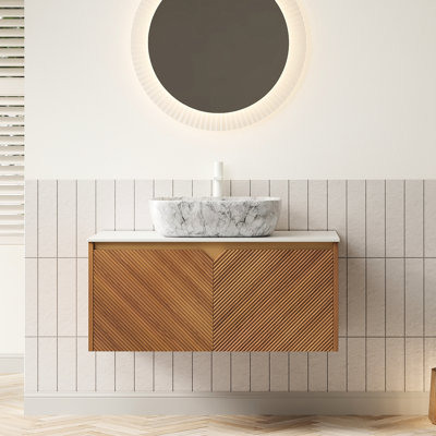 36" Bathroom Vanity & Sink With Floating Storage Cabinet, Twill - Solid Wood Doors, Marble Ceramic Vessel Basin, White Sintered Stone Counter 36 Inch Featuring Bathroom, Symmetry Double