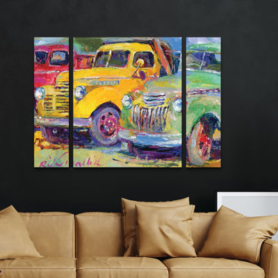 Ensemble de 3 panneaux muraux - Richard Wallich «Camions», art mural sur toile pour le salon, la chambre à coucher ou le bureau 