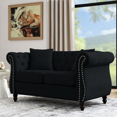 58.8" Style In Black Velvet - 2 Seater With Rolled Arms, Nailhead Trim, Construction, Pillows For A Reliable 2 Couch Arms And Trim Home Decor, Comfortable Stylish, Aesthetics