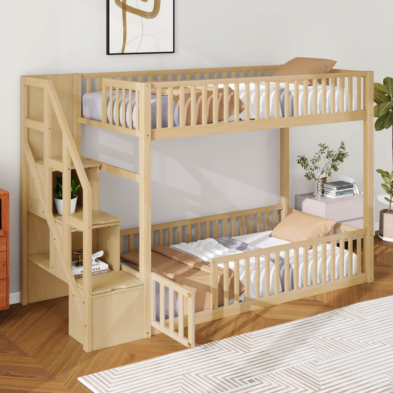 Twin Over Twin Bunk Bed With Door Fence And Storage Staircase, Wood Floor Bunk Bed Frame With Safety Guardrails, Natural