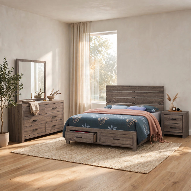Ensemble de chambre avec grand lit Silc, 4 pièces, brun chêne et bronze foncé, Brun chêne, bronze foncé, Grand lit