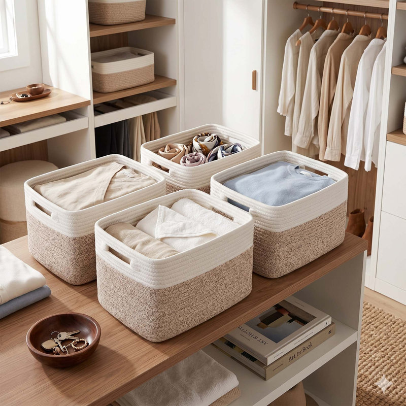 4-piece Cotton Rope Storage Basket Set, Woven Shelf Organizer Bins For Toys And Clothes, Brown/White