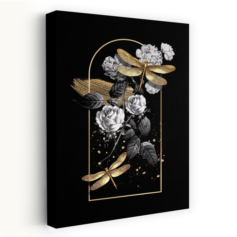 Art mural, libellule et roses dorées, H 60 po x l 40 po