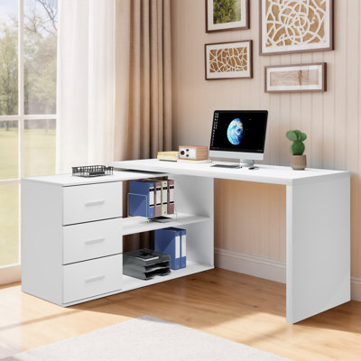 Bureau d'ordinateur pivotant à 360 ° en forme de L avec 3 tiroirs et 2 tablettes, bureau pivotant pour le bureau à domicile, bureau en coin réversible en bois avec armoire de rangement, 55 pouces
