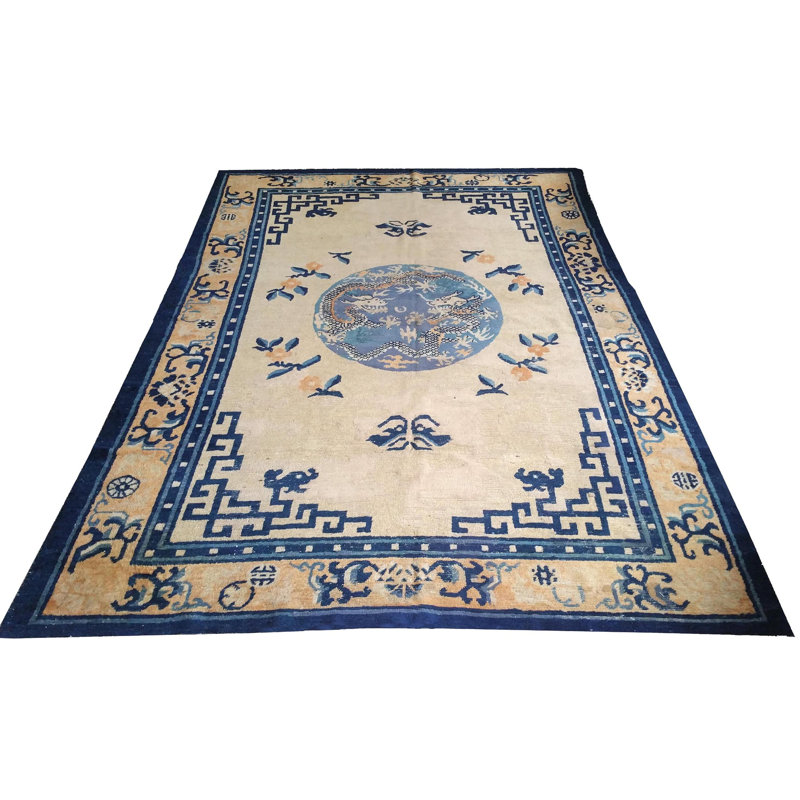Antique Geometric Medallion Wool Hand Knotted Pile Ivory Beige Cream White 1880s Rug
