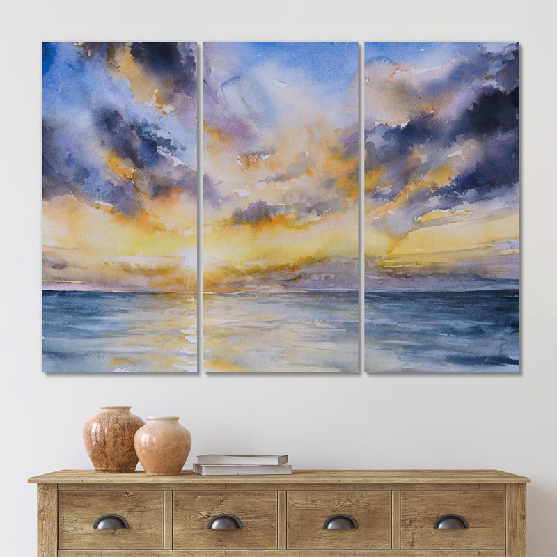 Coucher de soleil jaune sur un lac bleu - peinture sur toile tendue 3 pièces, H 32 po x l 48 po x P 1 po