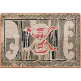 Gray Color Antique Artistic American Folk Art Design Hooked Textile Art Rug
