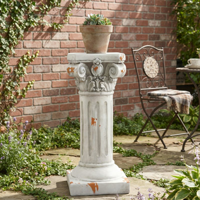 Support à plantes sur piédestal ionique de 57 cm (22,44 po) de hauteur, table d'appoint décorative MGO pour l'intérieur, l'extérieur, l'entrée, le jardin et la maison, blanc antique, aucun assemblage requis