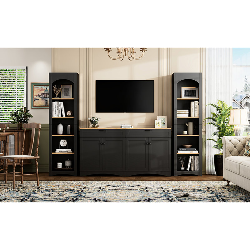 Meuble télé 70 "avec style rustique, bibliothèque de style Mid-Century, buffet à tablettes réglables, rangement central noir et tablettes, Design,