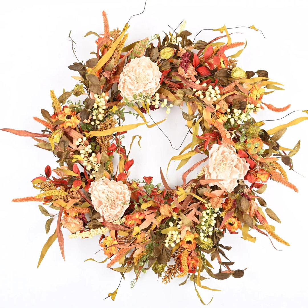 26" Fall Thanksgiving Day Peony Floral Wreath for Front Door Primrue Wreath 