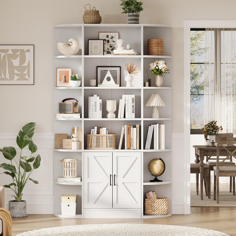 75in Tall Bookcase with Doors and Open Shelves for Bedroom, Living Room, Study Room, White