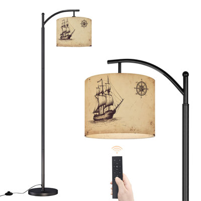 Arc Floor Lamp Ancient caravel compass top corner Nautical Floor Lamps with Remote LED Lights Adjustable Lamp Shades Tall Standing Lamps for Reading Office Living Room