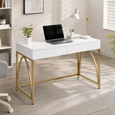 2 Drawers Writing Desk with Metal Trestle Base, White High Gloss and Gold
