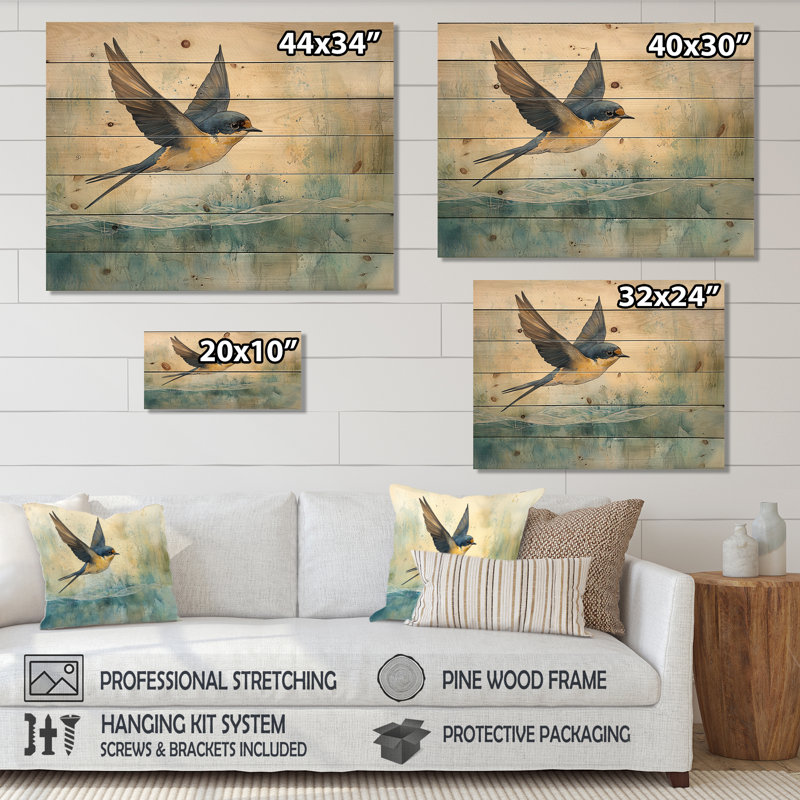 Oiseau hirondelle au-dessus de la rivière - Décoration murale en bois d'oiseau - sur bois de pin naturel, H 24 po x l 32 po